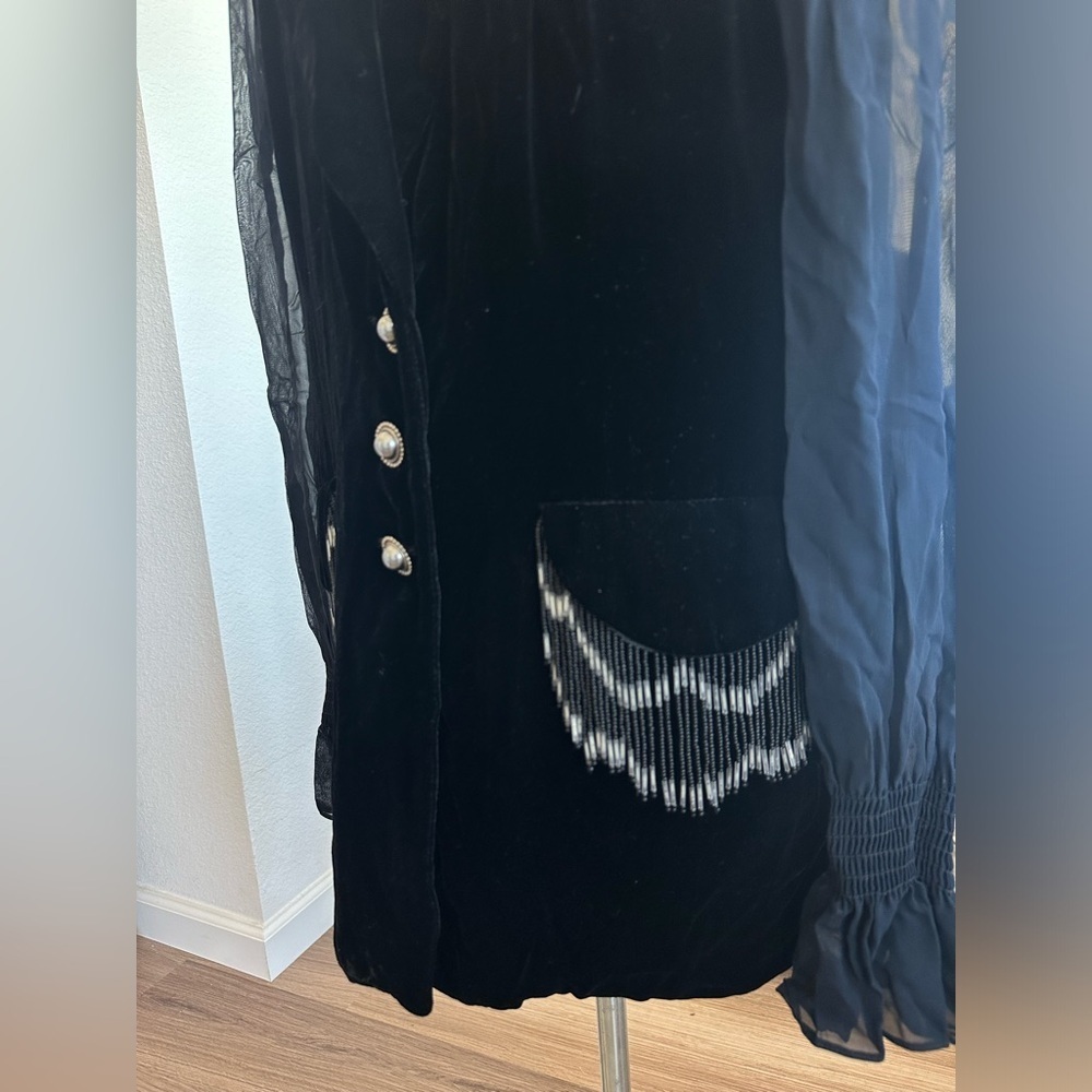 Vtg 80s Dorothy Schoelen Velvet Evening Silk Sheer Sleeves beaded Fringe Blazer - Picture 9 of 15